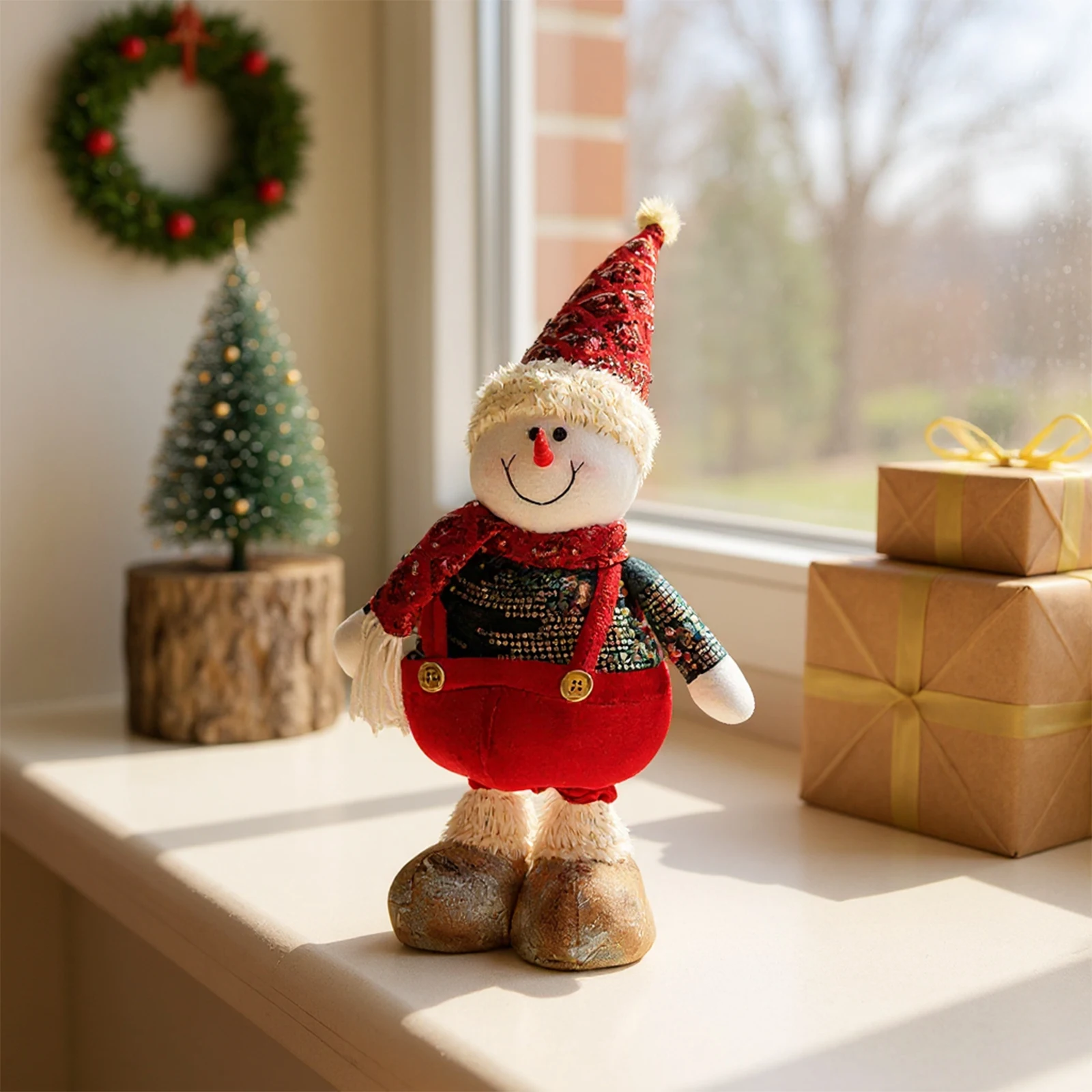 تمثال زينة عيد الميلاد مع أرجل زنبركية قابلة للسحب دمية عيد الميلاد الدائمة ديكور دمية عيد الميلاد ديكور العطلة