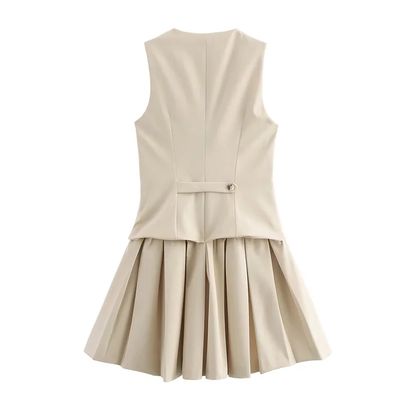 Alle Seizoen V-hals Mouwloos Vest Stijl Brede Geplooide Mini Jurk Vrouwen Voorste Knop Jurk Vrouwelijke Casual All-Match Wear 2025 Nieuwe