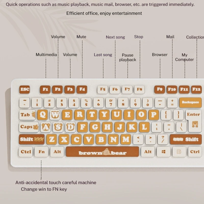 Mute Keyboard Bluetooth Wireless Wired 104key Abs Brown Bear High Beauty Girls Office Computer Peripherals Laptop Pc/android/ios