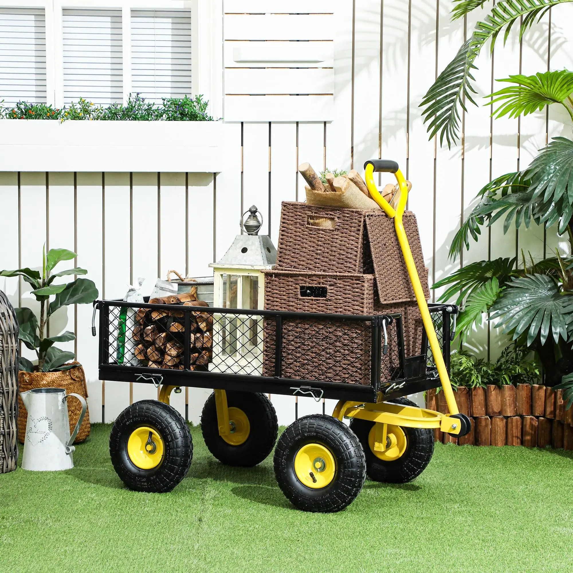 Carretilla de Jardín de Acero con Capacidad de Carga de 200 kg, Paredes Laterales Desmontables, Neumáticos de Goma de 4x25 cm, Color Negro-Amarillo para Exteriores
