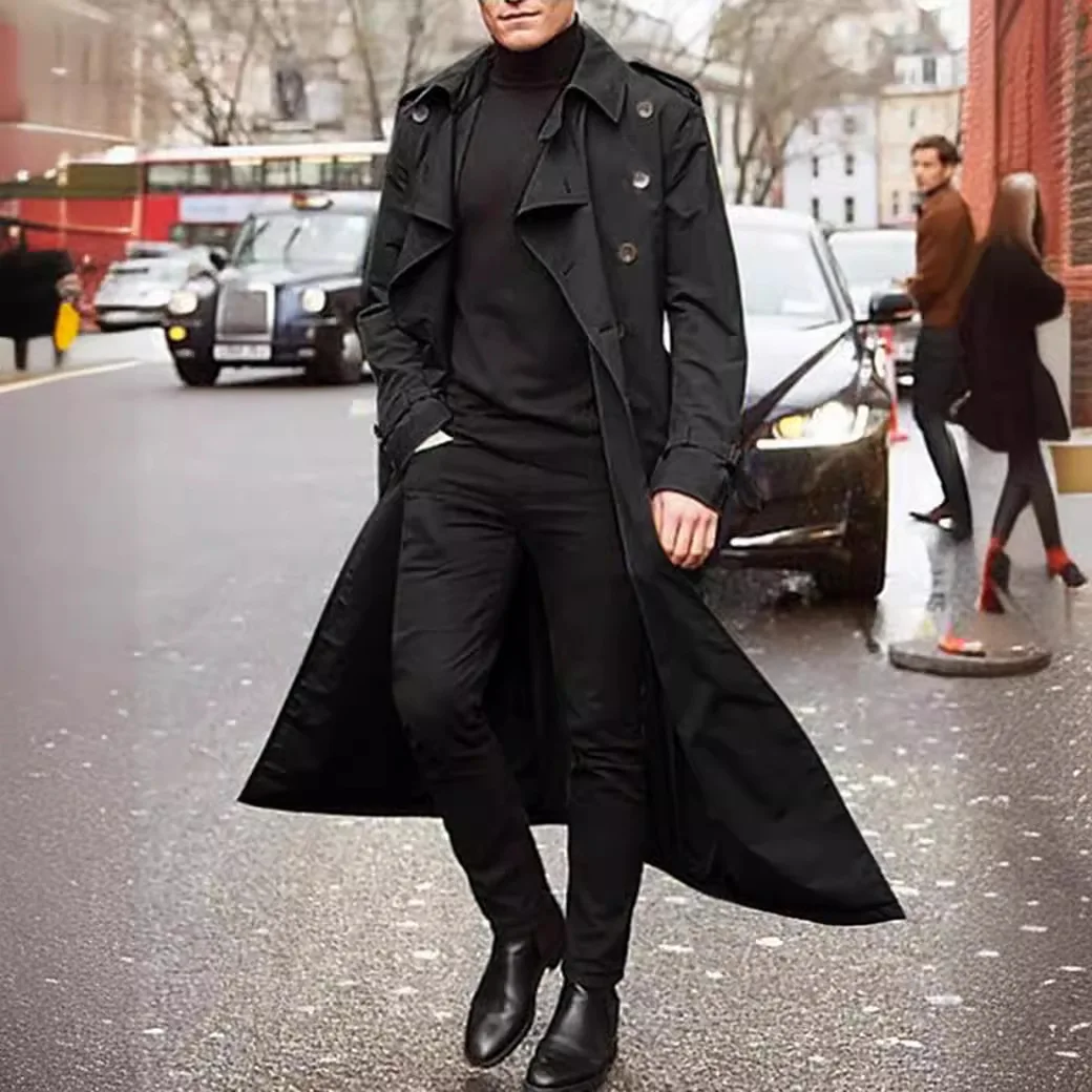 Mężczyźni Trench Turn Down Collar Long Coat Button Jackets Full Sleeve Casual Solid Coats Straight Pocket Male High Street 2024