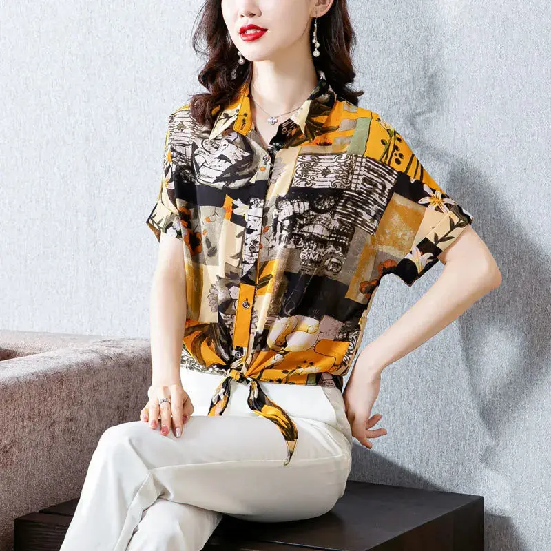 Vintage Printed Fashion Single-breasted Shirt Summer Turn-down Collar Female Clothing Short Sleeve Casual Bandage Loose Blouse