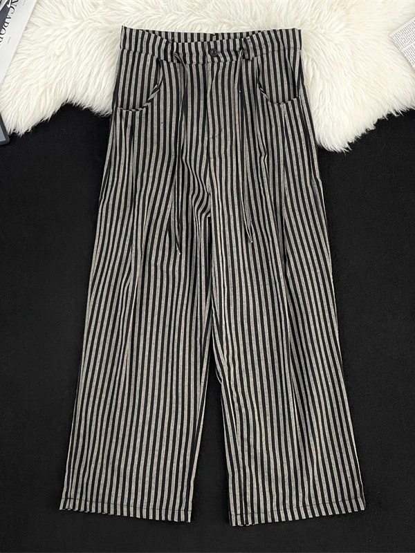 

Американские ретро-брюки с широкими штанинами, в полоску, с завязками, свободного кроя, прямые, длинные, унисекс, модные, универсальные