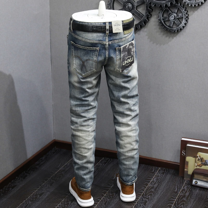 Red-Ear Denim Autumn Men's Jeans 2024 New Street American Retro High-End Washed Old Slim Fit Ankle Tight Trousers
