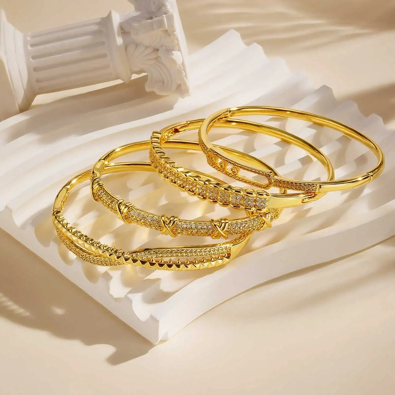 

New Gold Plated Cubic Zirconia Bracelet, Chunky Waterproof Openable Bangle, High Quality Stackable Jewelry For Women Gift