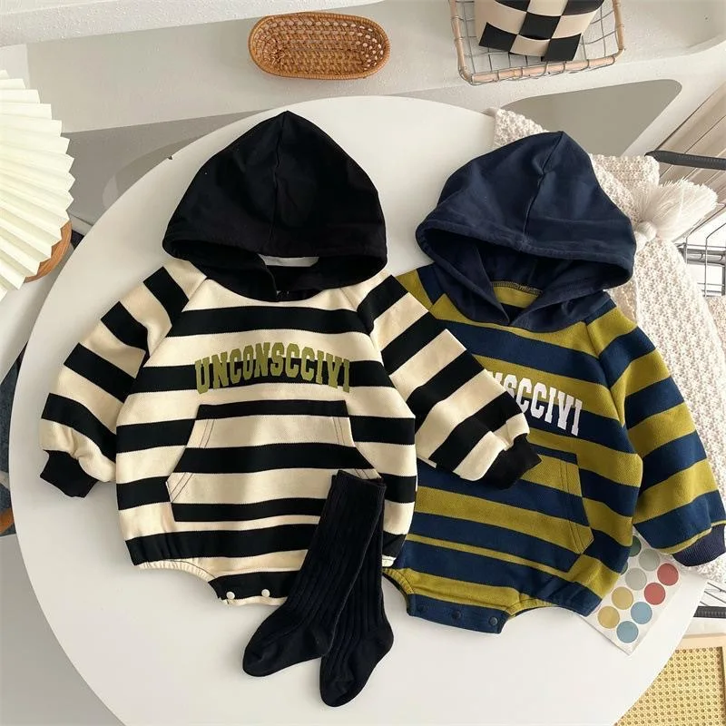 

( 0-3 Years Old)Infant Casual Onesie Ins Korean Baby Jumpsuits Spring Autumn Clothes Rompers for Boys Girls Hooded Striped Cover