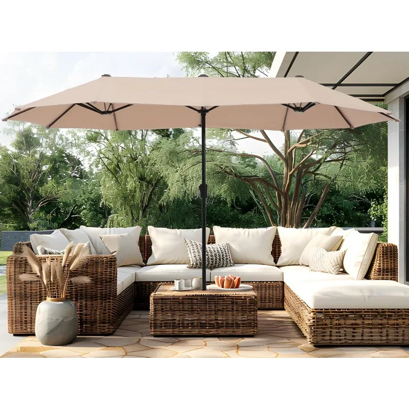 13ft Grote Patio Paraplu Dubbelzijdige Dubbele Outdoor Marktparaplu Met Crank, Beige