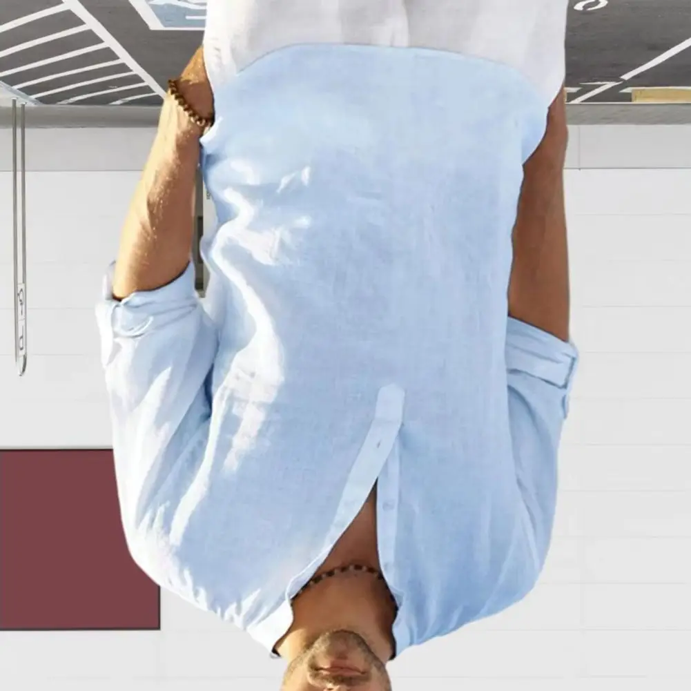 

Хлопково-льняная мужская рубашка с воротником-стойкой, пуловер с v-образным вырезом и длинными рукавами, дышащая модная рубашка 2025 года, повседневный мужской топ в стиле ретро