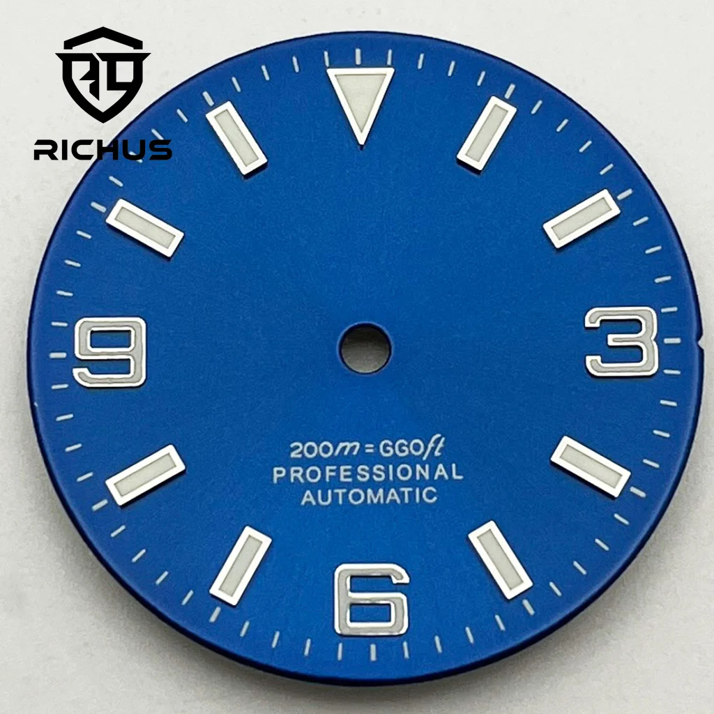 RICHUS 29 mm Zifferblatt, poliertes/gebürstetes Zifferblatt, blau-grün leuchtend, passend für NH34 NH35 NH36 ETA2824 2836 Miyota8215-DG Uhrwerk
