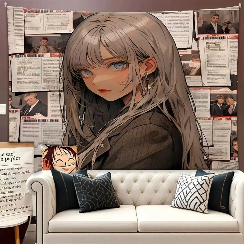 VIKAMA Retro Manga Newspaper Tapestry Long Hair Anime Girl Wall Hanging Cool Bedroom Decor Soft Polyester Backdrop