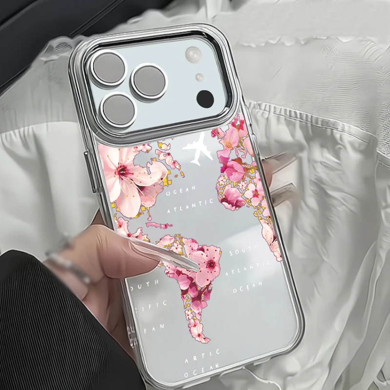 Pink Flower Pattern Transparent Phone Case For iPhone 17 16 15 14 13 Pro Max 13 Pro 17e 16e 11 Plating Lens Frame TPU Soft Cover