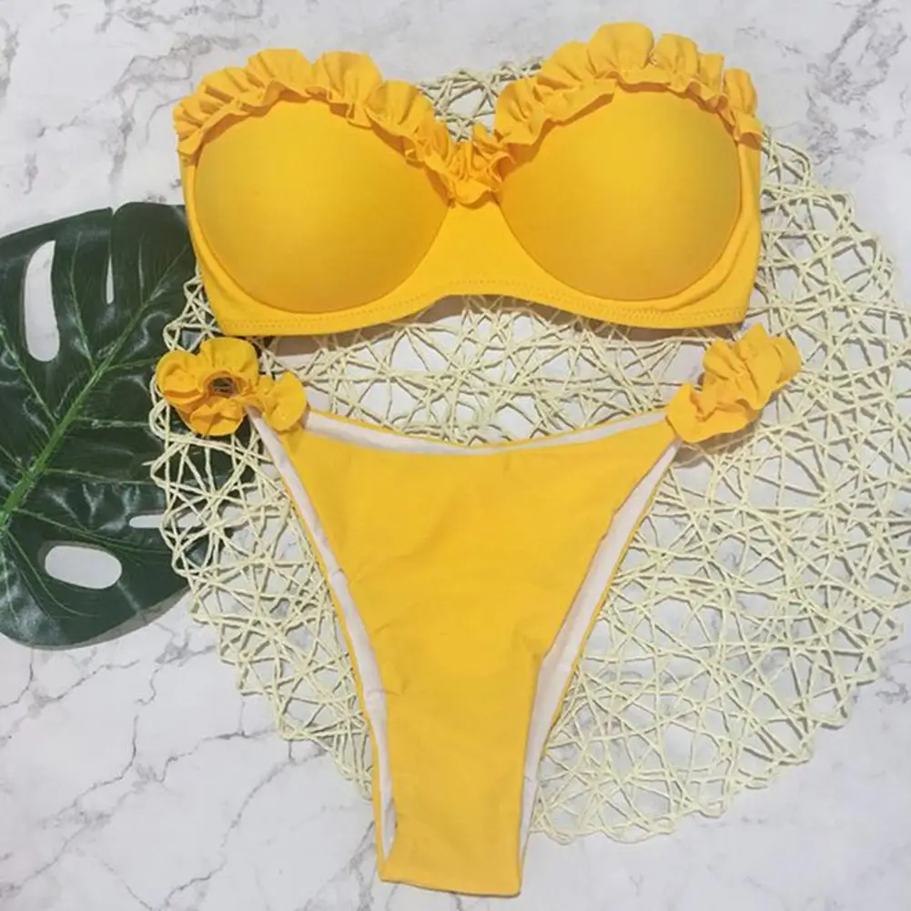 

Bandeau Bikini Swimwear Women Summer Bikini Set Ruffle Trim Bra Mid-rise Briefs Set Push Up Bathing Suit Split Design Swimsuit