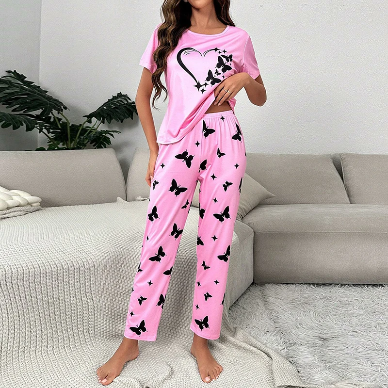 Women\'s Sleepwear Autumn Heart Print Pajama Set Short Sleeve Top & Elastic Waistband Pants Comfortable Relaxed Casual Clothes