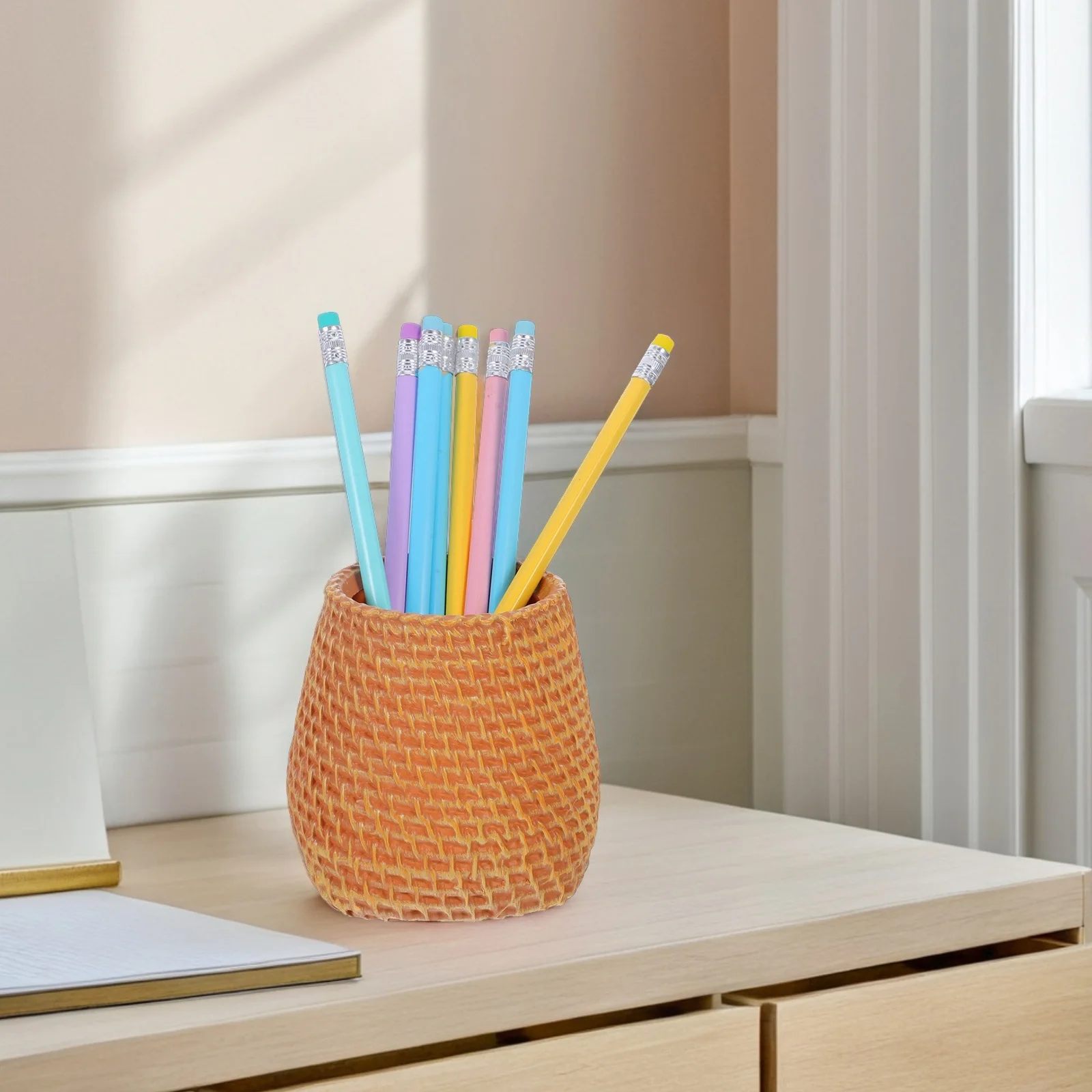 Simulated Rattan Pen Holder Small Desktop Organizer Flower Vase Pencil Cup Makeup Brush Holder Plastic Office Home Use