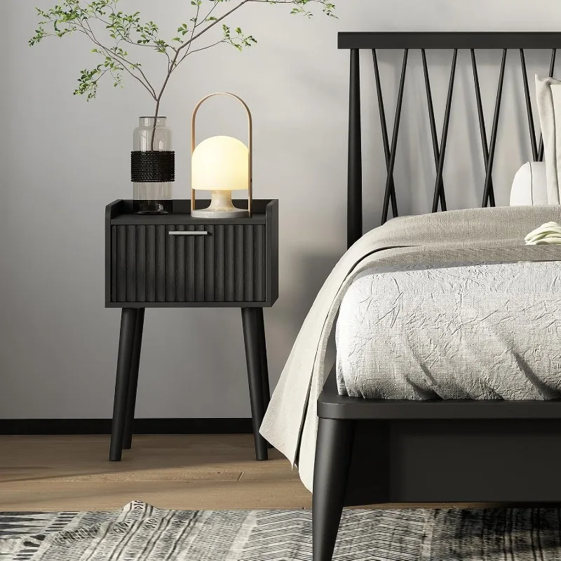 

Nightstand Set of 2, Small Bed Side Table with Fluted Door, End Table with Solid Wood Legs, Mid-Century Bedside Table