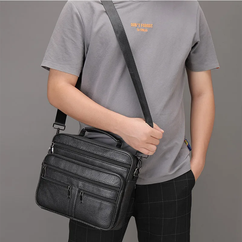 Bolso de hombro de piel auténtica para hombre, bandolera de negocios, de oficina, color negro