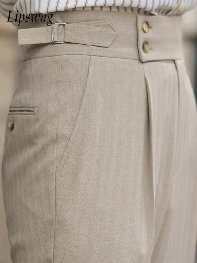 

Classic Men's High Waist Trousers Spring Autumn Casual Pleated Belt-up Straight Pants Men Vintage Solid Color Slim Fit Trousers