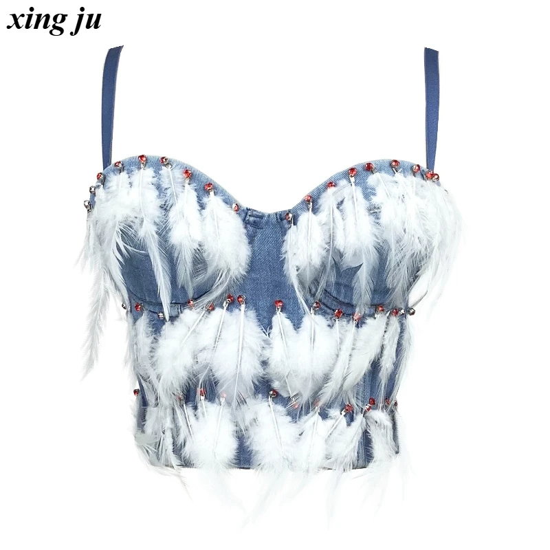 

Xing Ju Nightclub Fashion White Feather Tassel Crop Tops Women Stage Dance Costume Party Sexy Fishbone V-Neck Vest Singer Wear