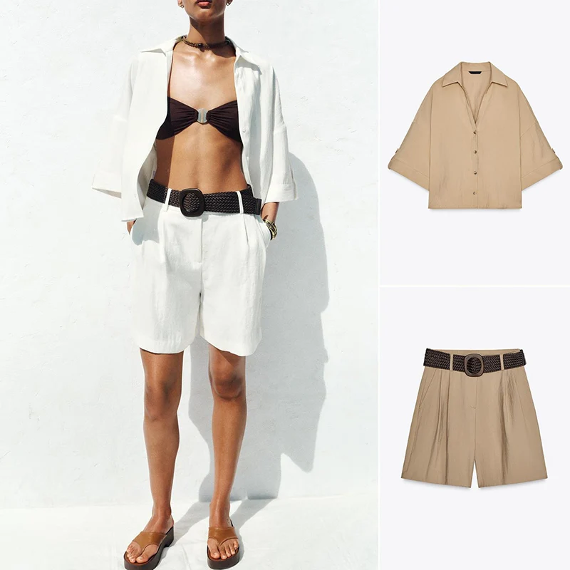 

Свободный повседневный рюкзак с поясом Плиссированные орты Комплект из двух предметов ort Sve Отложной воротник на пуговицах Женская модная летняя одежда...