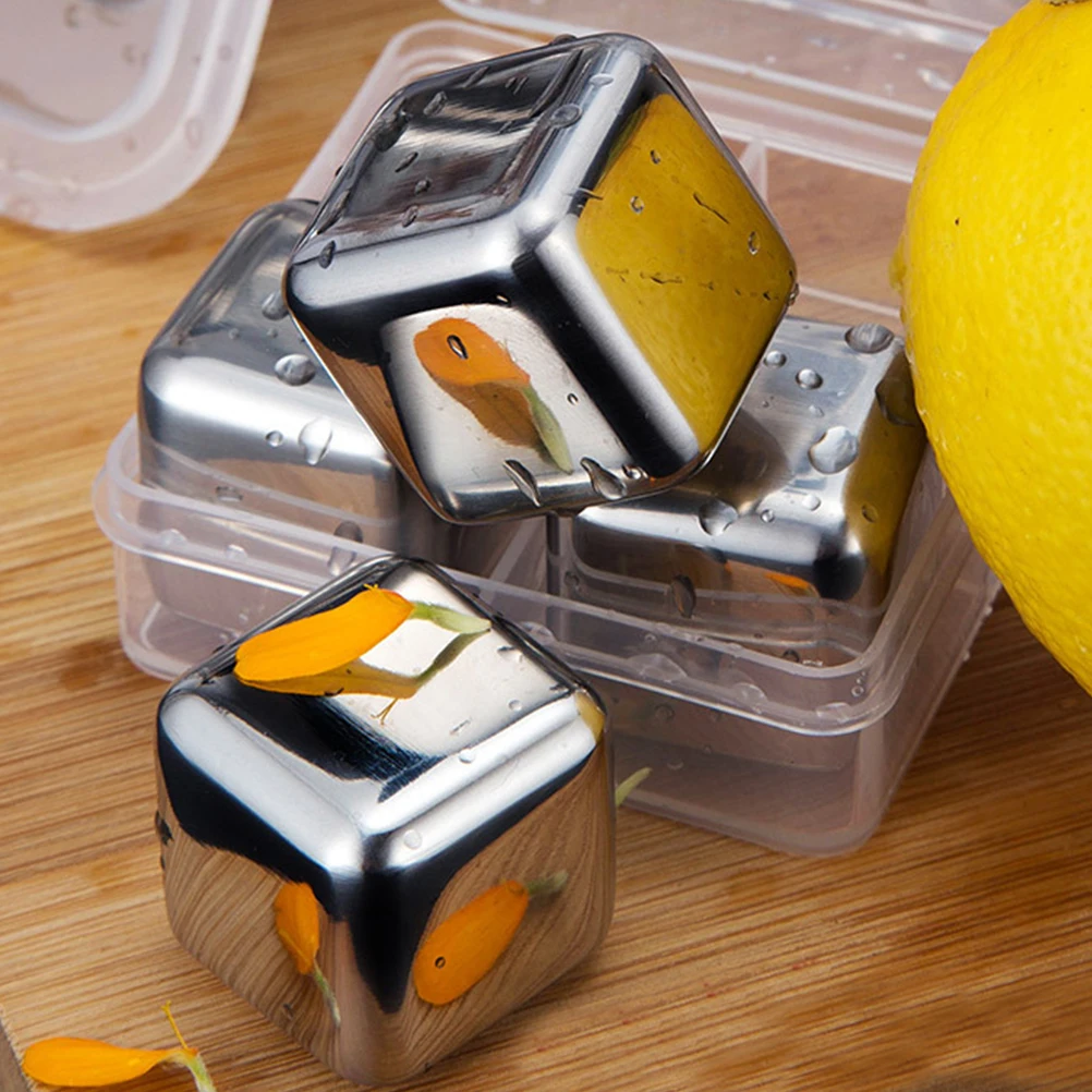 

4 Pcs Stainless Steel Ice Cubes Whiskey Mold for Tray Cup Reusable Stones Square