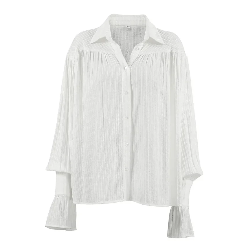 Roupas femininas 2024 outono commuter algodão jacquard branco casual solto lapela manga comprida camisa das senhoras todos os jogos casual topo