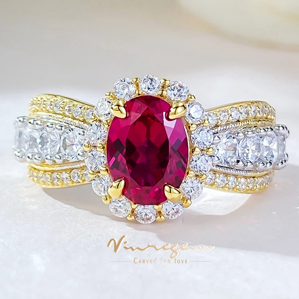 

Vinregem 6*8 MM Oval Cut Ruby High Carbon Diamond Gemstone Ring For Women 925 Sterling Silver Engagement Party Jewelry Wholesale