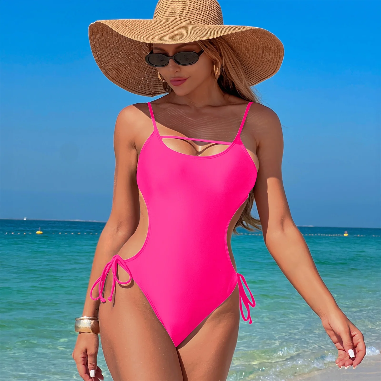 بدلة سباحة نسائية ذات لون سادة من Tankinis بحزام سباغيتي بدون ظهر وربطة للصيف