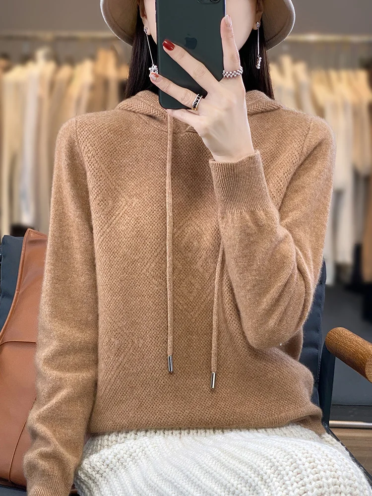 Winter Bloom Merino Wool Hooded Pullover Ladies Solid Basic Knit Sweater Soft Warm Long Sleeve Top for Winter Daily Outfit