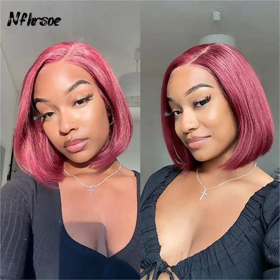 

Цветной прозрачный парик с кружевной передней частью 13x4, из бразильских натуральных волос, темно-фиолетовый, короткий прямой боб, для косплея, для женщин, с предварительно выщипанными волосами.