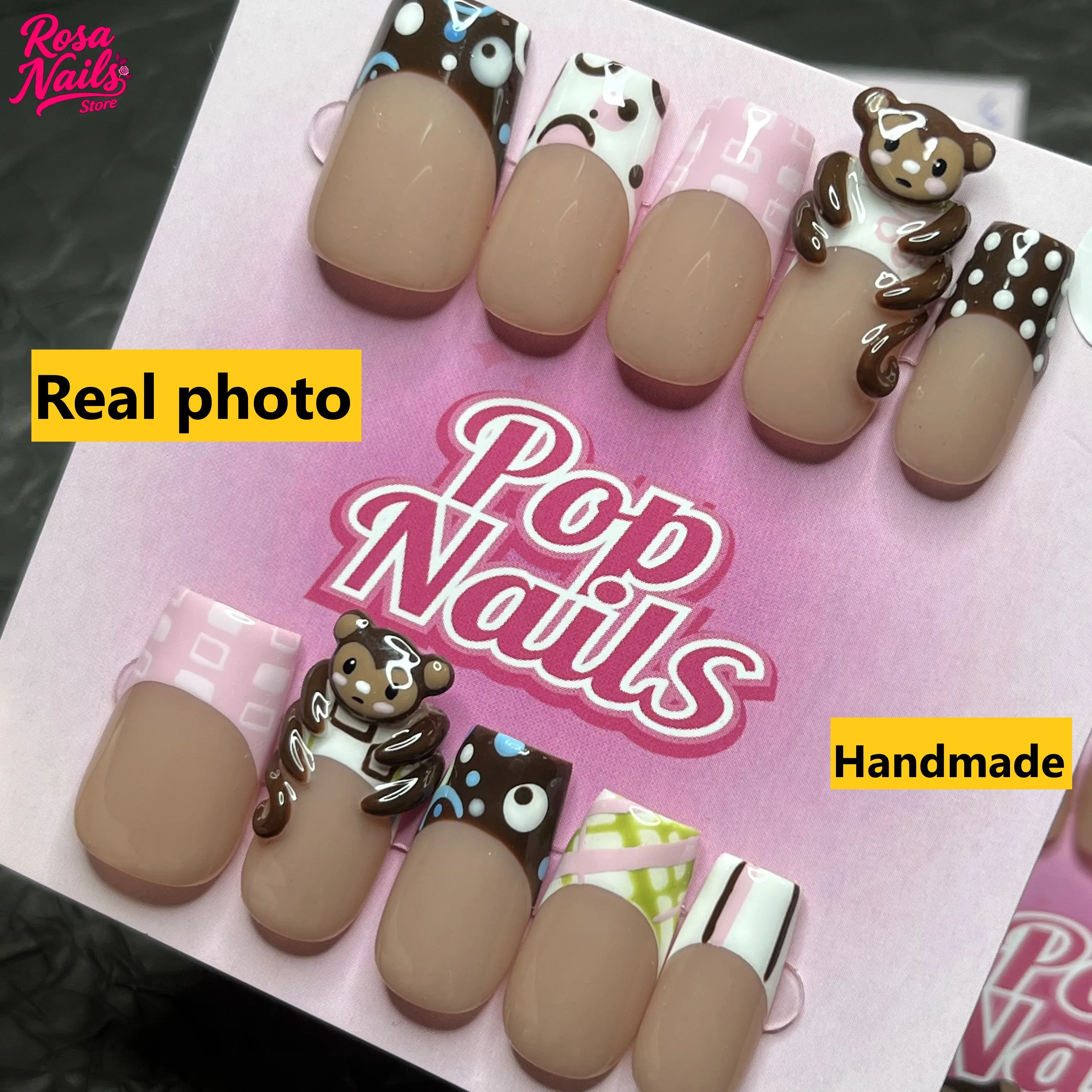 العصرية ثلاثية الأبعاد قرد الصحافة على الأظافر اليدوية لطيف شكل مربع سميكة الاكريليك الصحافة على مسمار محلية الصنع قرد ثلاثية الأبعاد مسمار الفن الصيف الأظافر #2