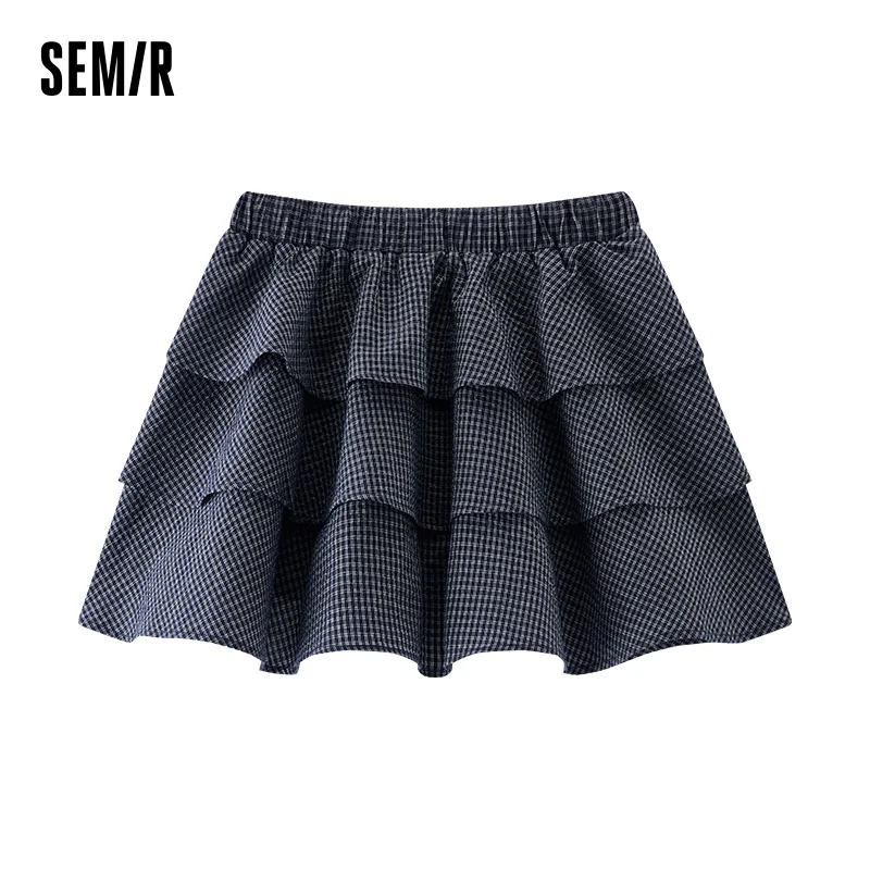 Semir Midi Skirt Women Elastic Waist Temperament 2025 New Summer Lovely Checkered Puffy Cake Skirt Playful for Summer