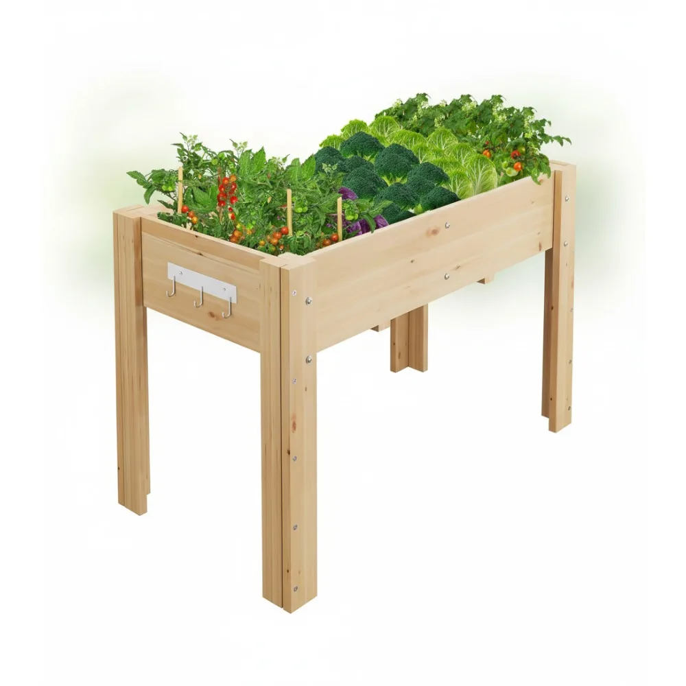 

Приподнятая садовая кровать с ножками и крючками, приподнятая деревянная кашпо размером 47x30x22 дюймов для овощей, трав, открытого патио на заднем дворе