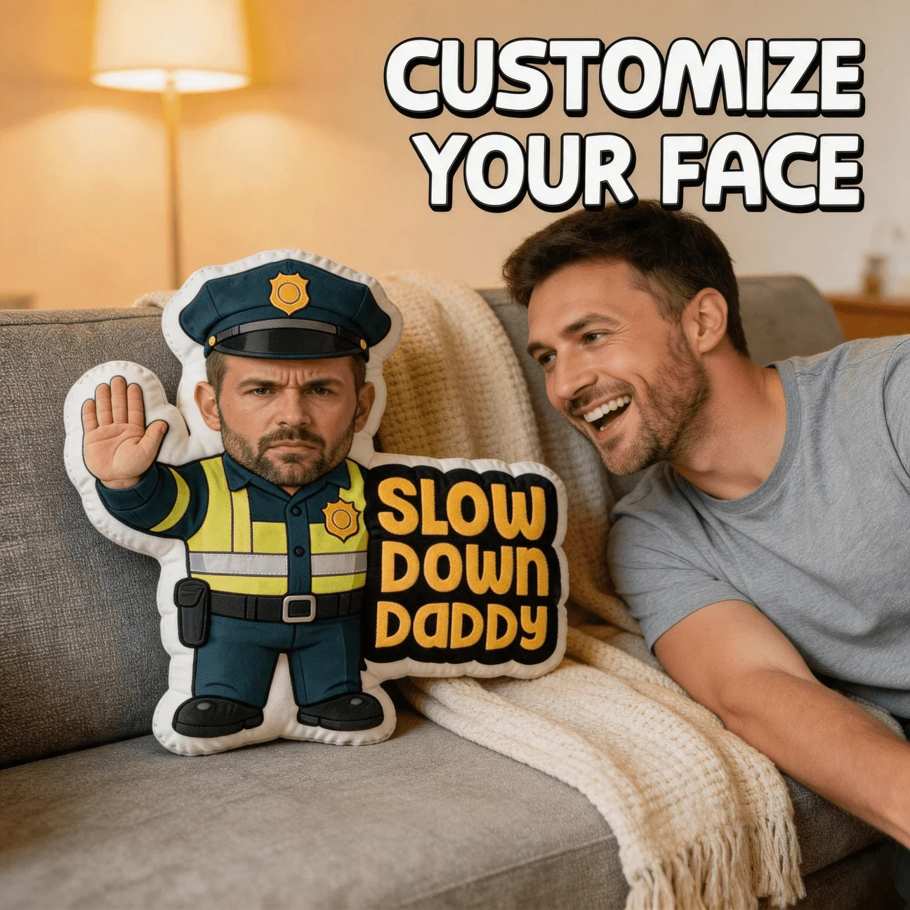 Custom Photo Police Officer Shaped Pillow with Photo/Slow Down Daddy Sign - Police-Themed Cushion Suitable for Sofa, Bed Decor,
