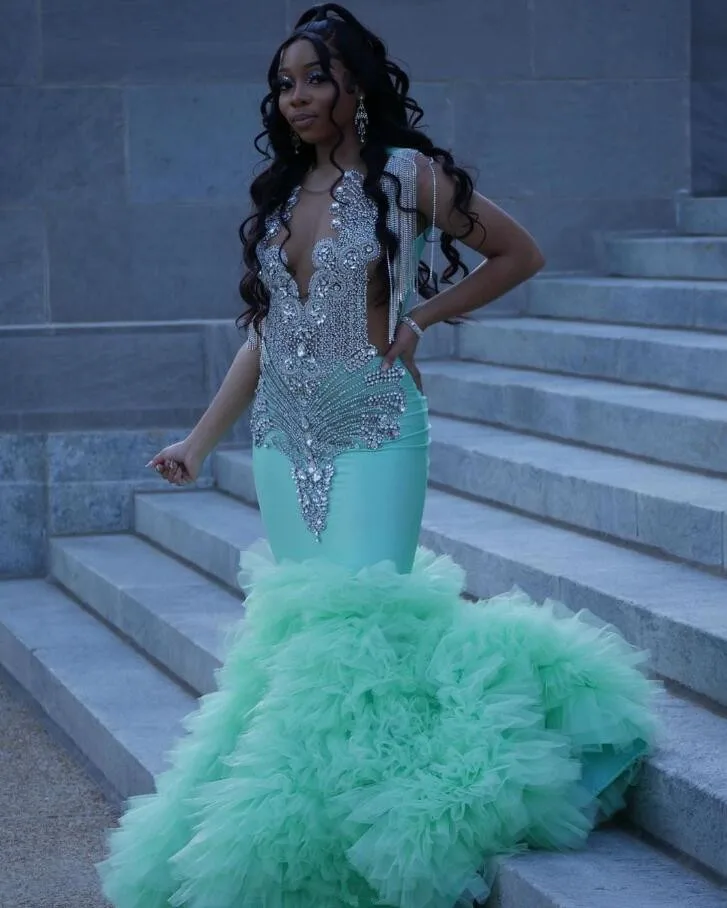 Mint Green Luxury Mermaid Evening Birthday Dresses for Black Girl 2024 Sparkly Diamond Tassle Prom Gown robe bal de luxe