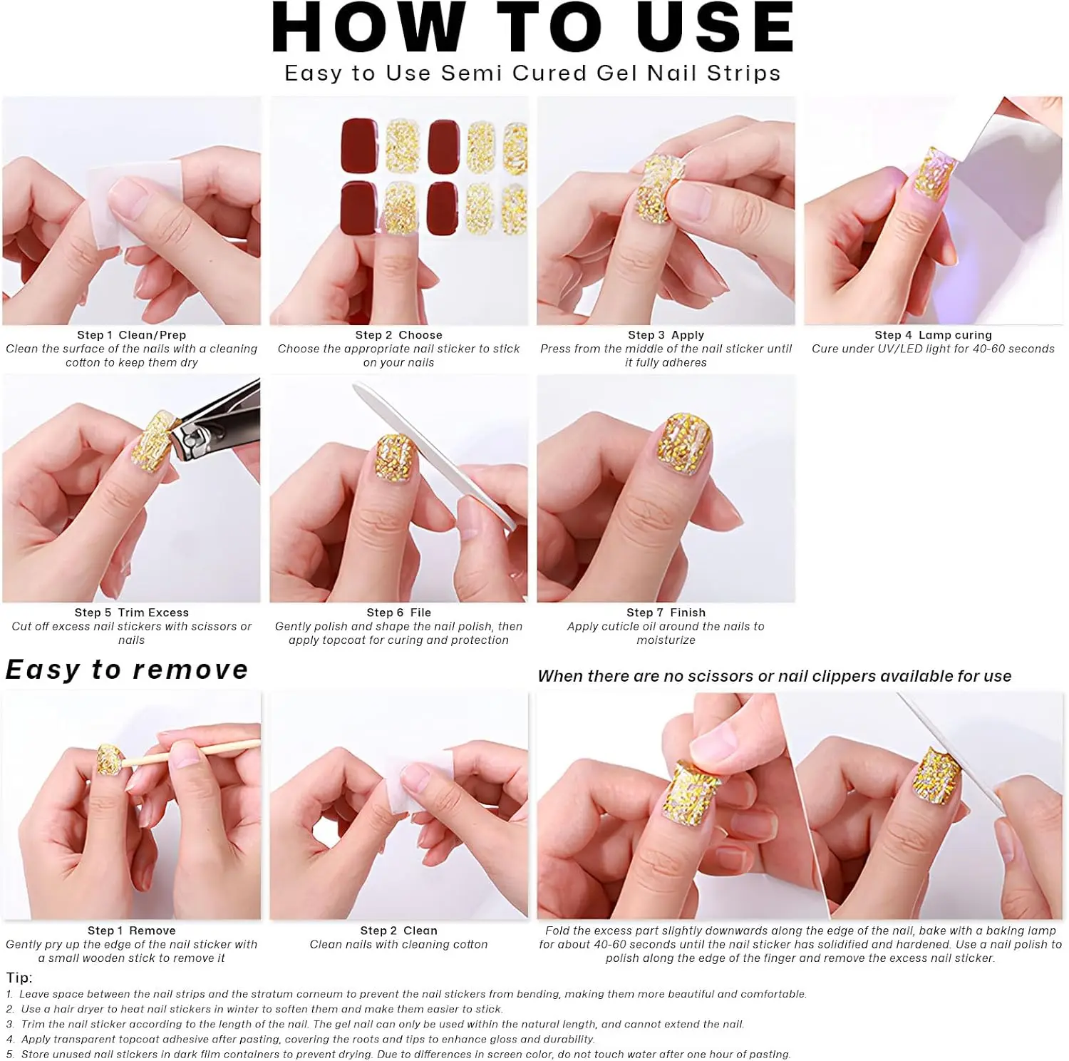 Semi-Cured Gel Nail Strips 20Pcs White Glitter Flowers UV/LED Compatible Easy Apply Remove