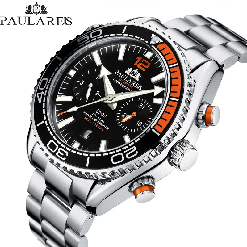 

PAULAREIS P Brand Luxury Automatic Watch Men Fashion Calendar Waterproof Luminous Watch Stainless Steel Mechanical Watches Mens