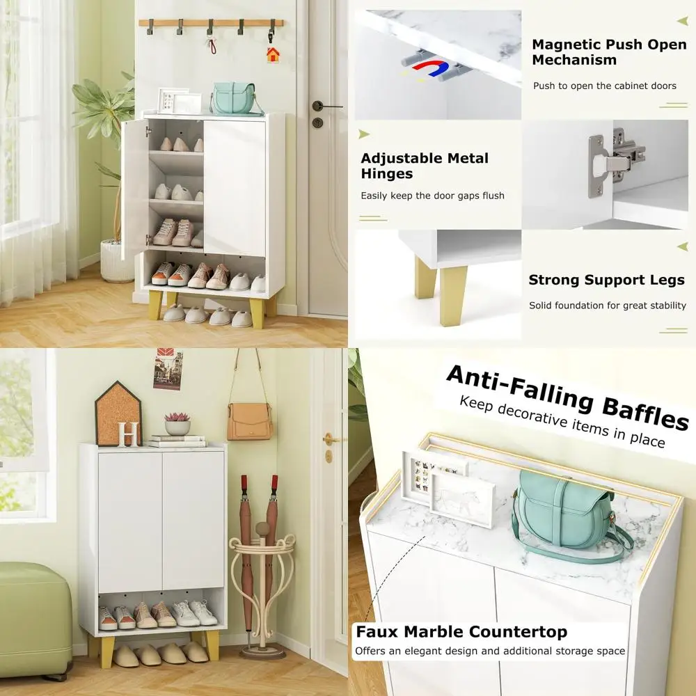 

Пятиуровневый деревянный шкаф для обуви с дверцами, имитация мрамора, комплект для предотвращения опрокидывания, плоские полки для прихожей и гостиной