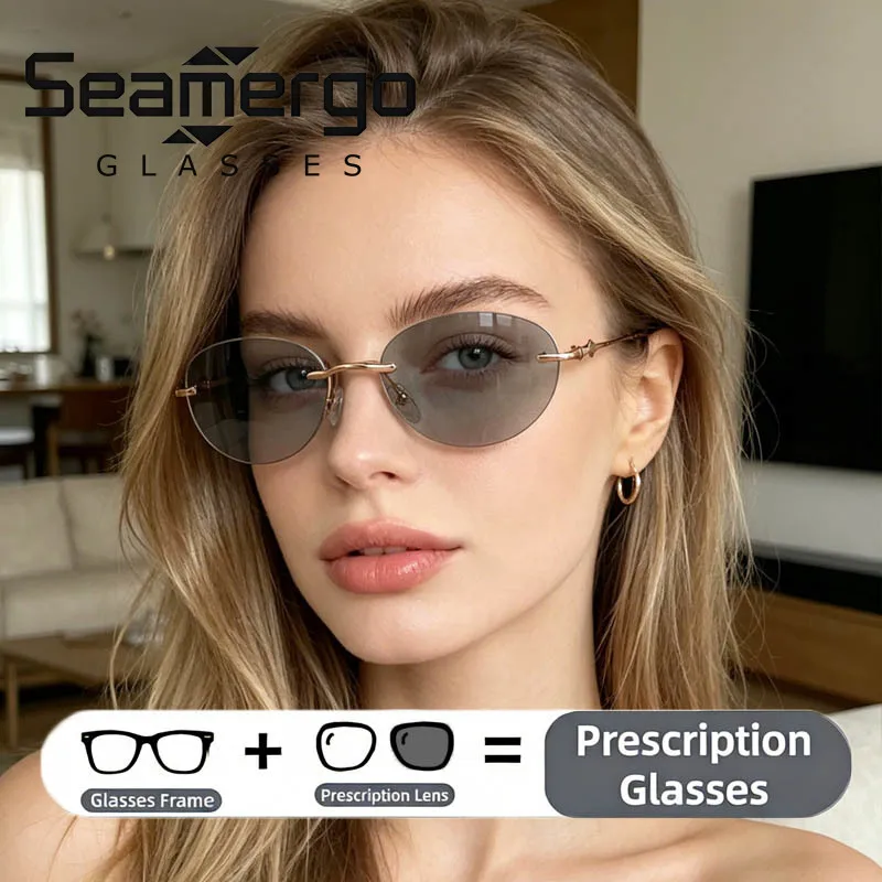 

SEAMERGO Luxury Women Photochromic Prescription Glasses Men Vintage Rimless Customized Glasses Ladies Fashionable Eyewear Lens
