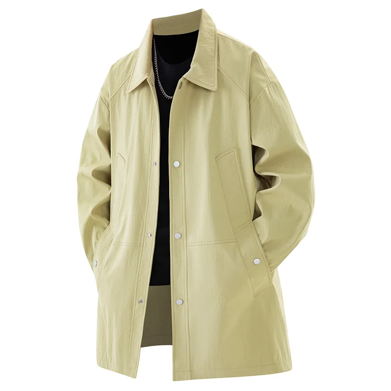 2026 New Men Oversized Mid Long Windbreaker Lapel Collar Button Up Casual Solid Color Trench Coat Daily Outerwear
