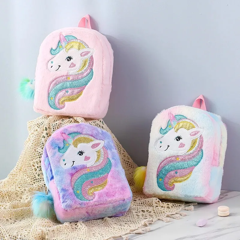 Cute Princess Unicorn Plush Mochilas Saco de escola animal dos desenhos animados Mochilas infantis Mochila macia colorida infantil Sacos de meninas