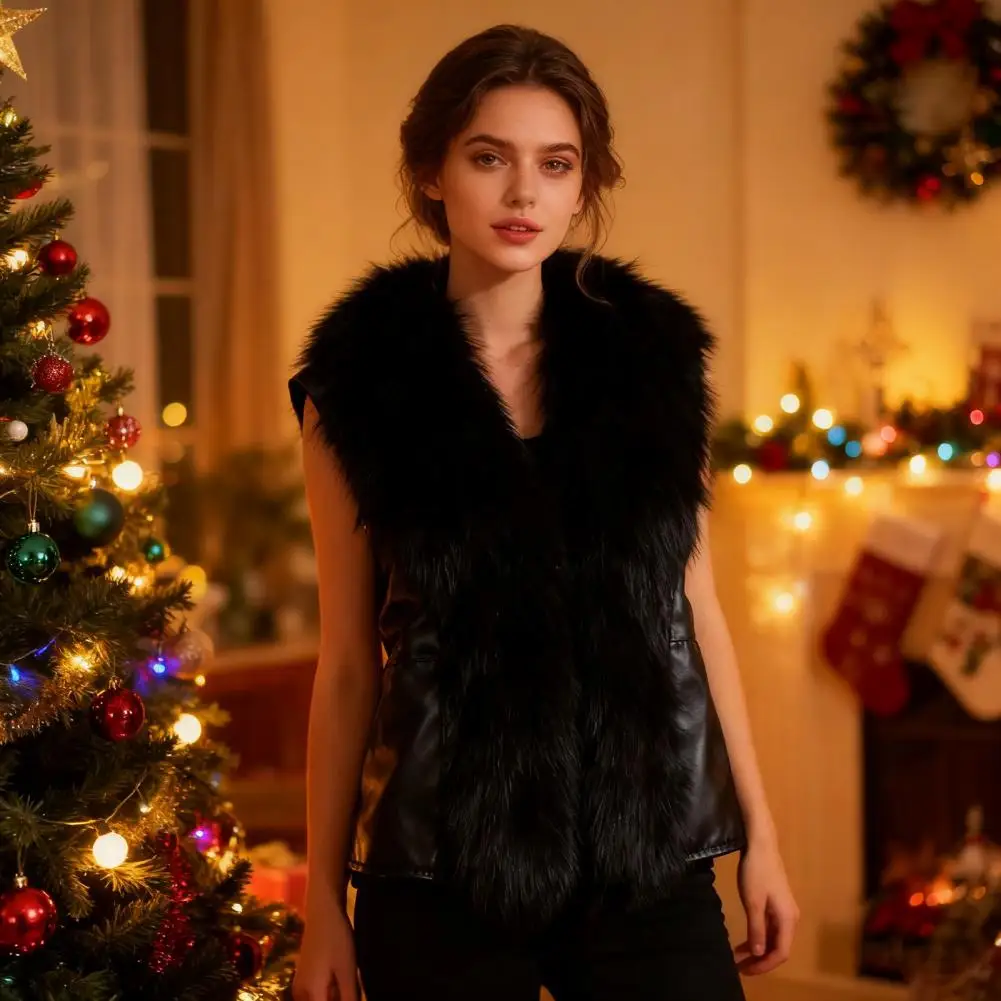 Damska kamizelka ze sztucznego futra, oddychająca, bez rękawów, stylowa damska kurtka motocyklowa ze sztucznej skóry z kołnierzem ze sztucznego futra, idealna na jesień.