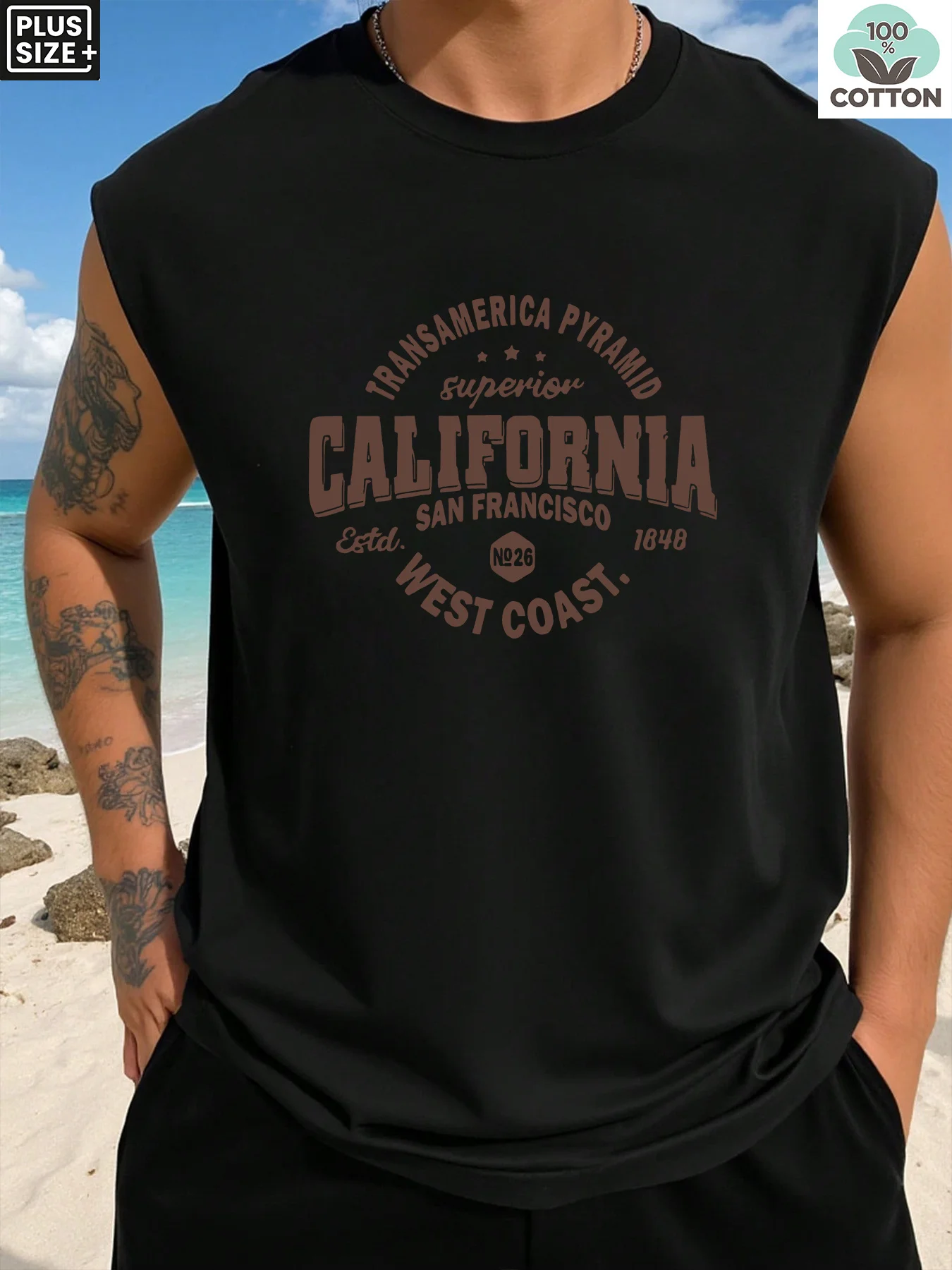 

180g 100% extra-large men's cotton drop-shoulder round-neck pullover "California" print