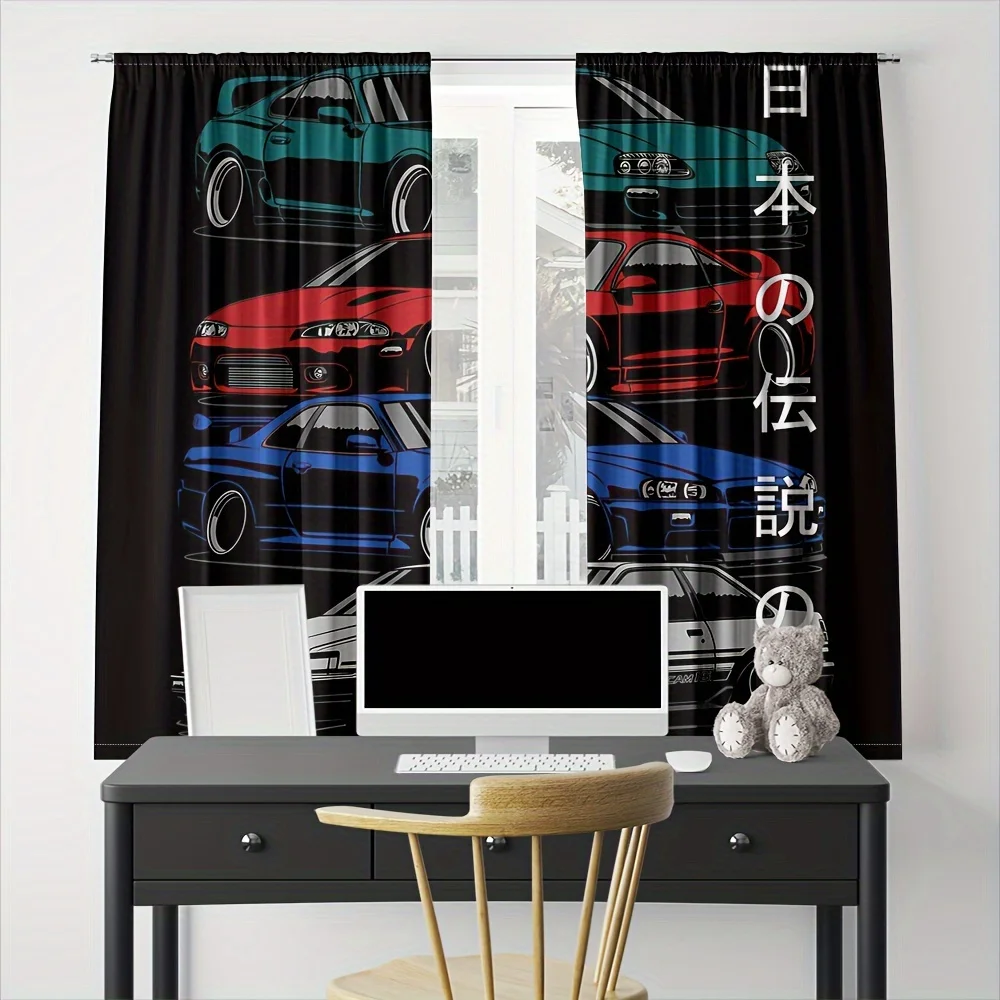 JDM Curtains with Japanese Legend Cars, Retro Drift Art Window Drapes for Auto Enthusiasts Classic JDM Vehicle Blackout Curtains