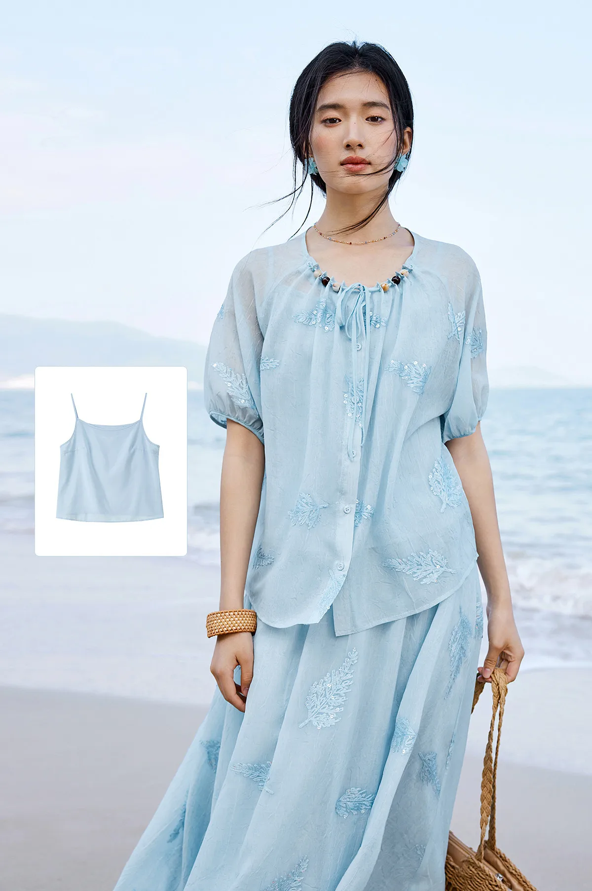SENTUBILA Elegantes besticktes 3-teiliges Damen-Set, bestehend aus einem Oberteil mit Perlenbesatz und Rundhalsausschnitt, einem einfarbigen Camisole und einem A-Linien-Rock, lockeres Outfit 162ZK4843 – Detail 10
