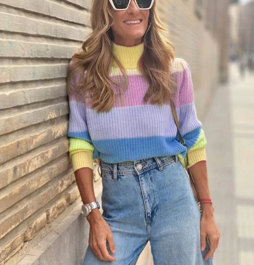 

Women's Multicolor Rainbow Striped Turtleneck Ribbed Knit Long Sleeve Loose Fit Sweater Autumn Winter Casual Daily Fashion Top