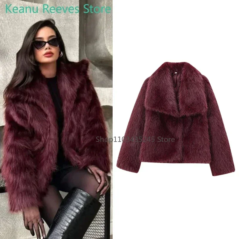 2025 New  Women's Fur Coat Women Plush Burgundy Bomber Jacket Solid Crop Long Sleeve Jacket Warm Winter Coats Woman Casual Coats