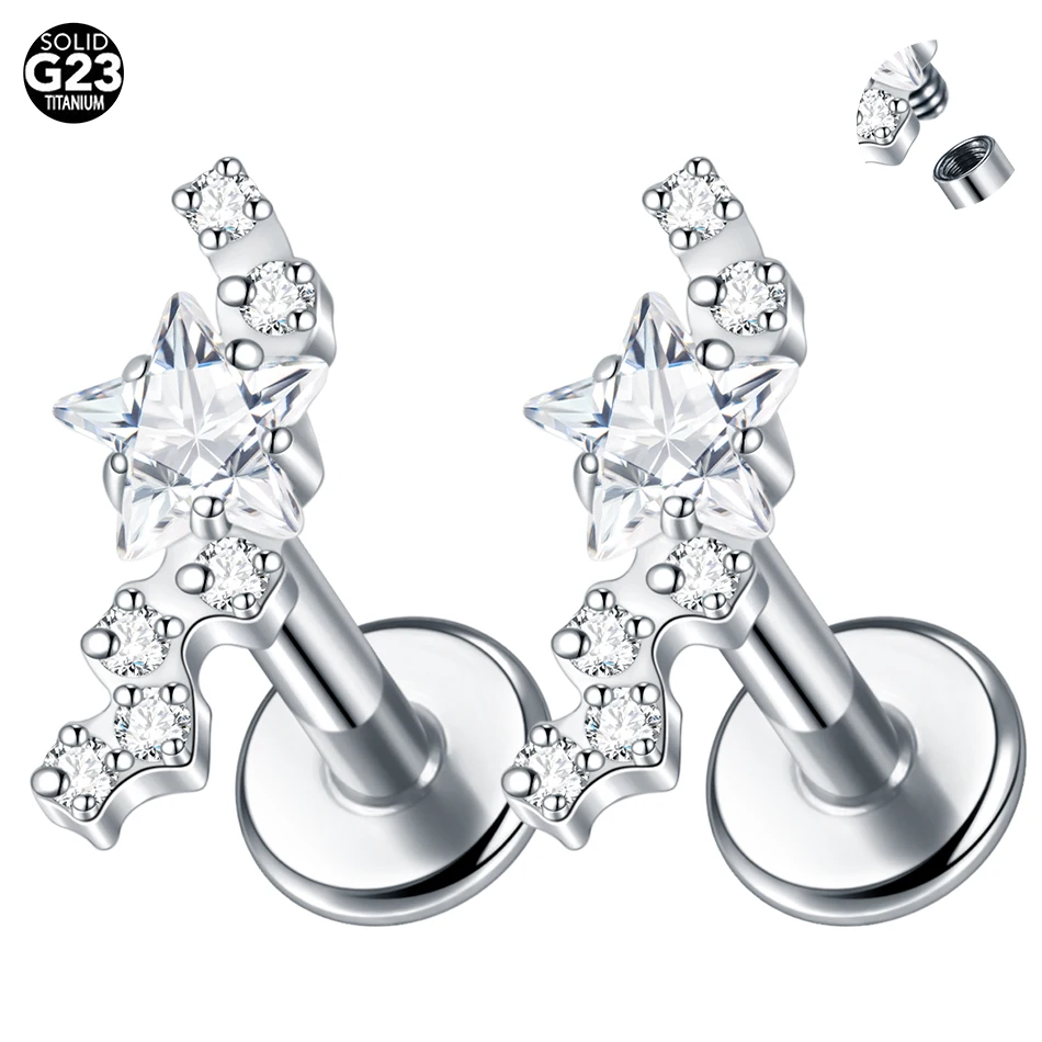 1/5PCS Titanium Flat Back Lobe Helix Earring Stud Internally Threaded CZ Crystal Flower Labret Cartilage Tragus Piercing Jewelry