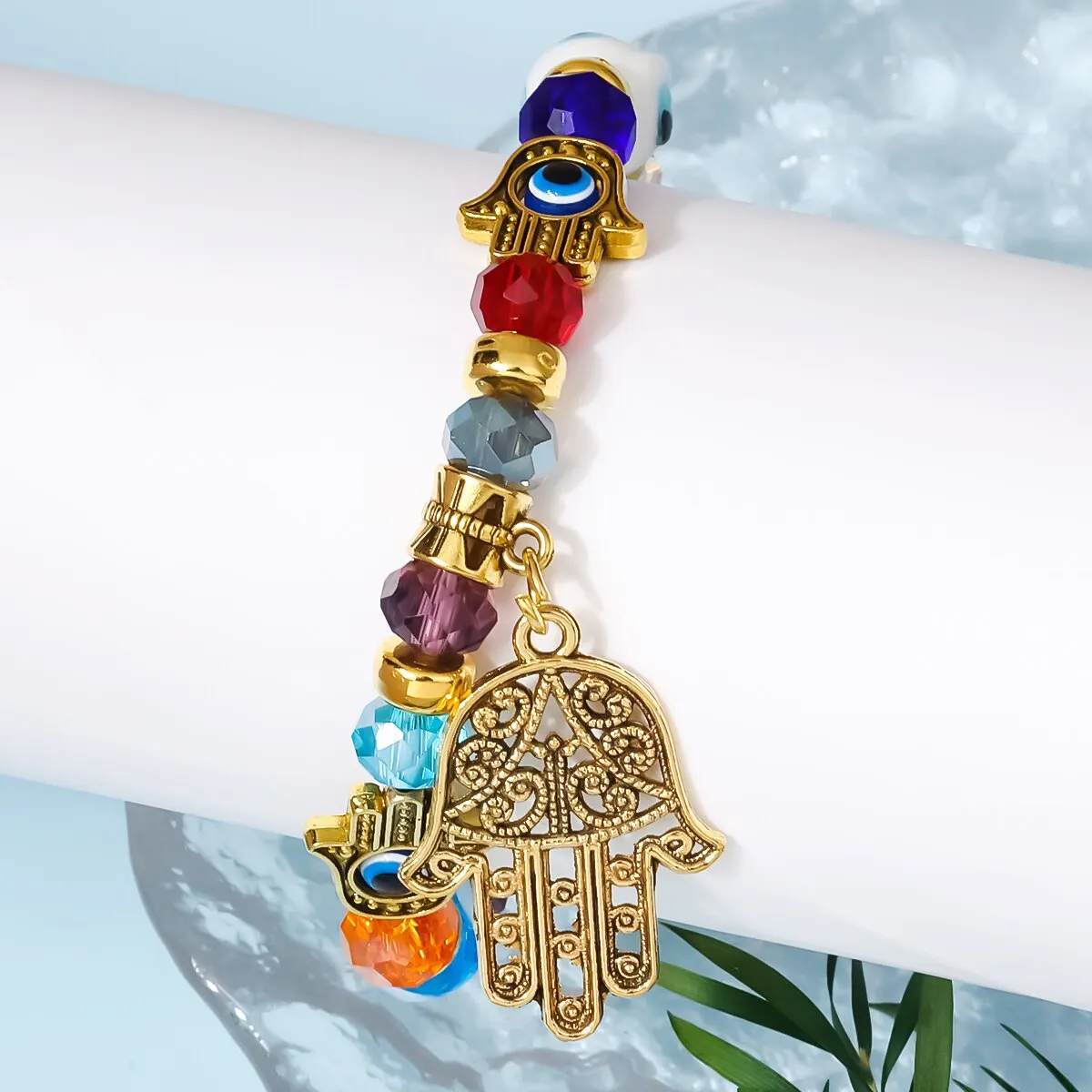 Blue Gold Accessory Devil\'s Eye Fatima Hands Crystal Metallic Palm Pendant Personality Bracelet