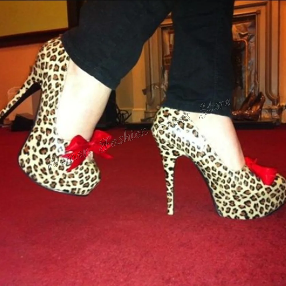 

Leopard Bow knot Decor Platform Pumps Stilettos High Heels High Heel Shoes for Women Fashion Heels 2025 New Zapatos Para Mujere