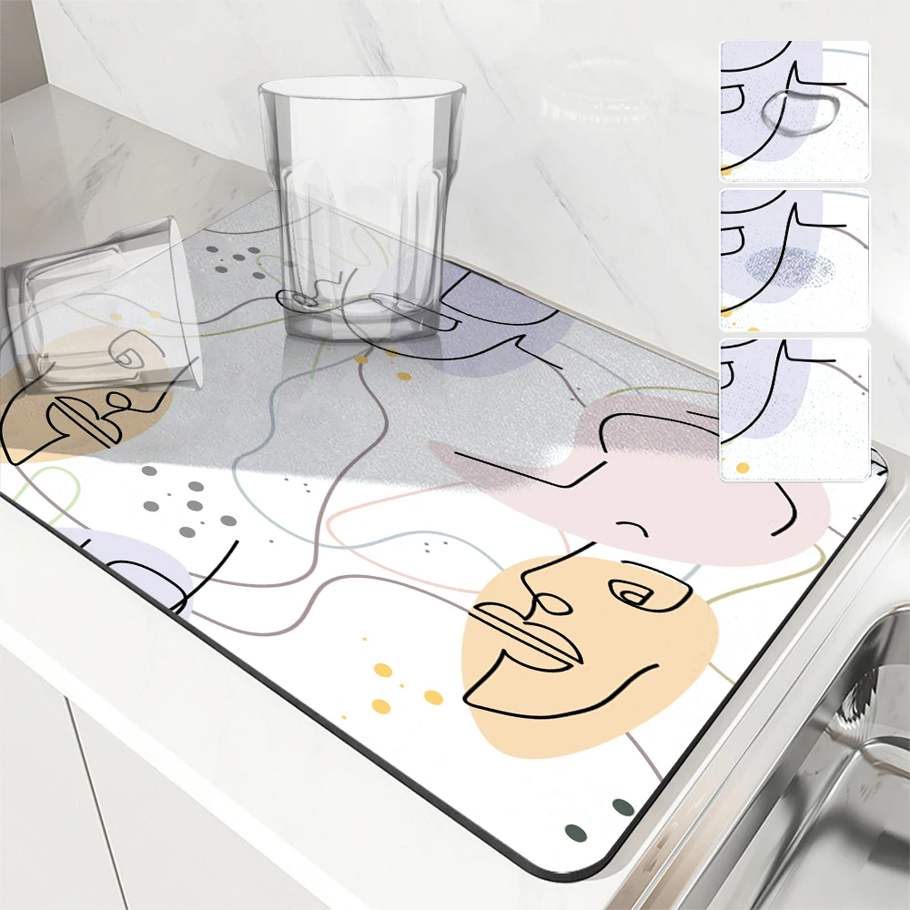 

1pc Drying Mat Facial Line Abstraction Non-Slip Absorbent Mat Tableware Kitchen Counter Drain Mats Placemats for Table